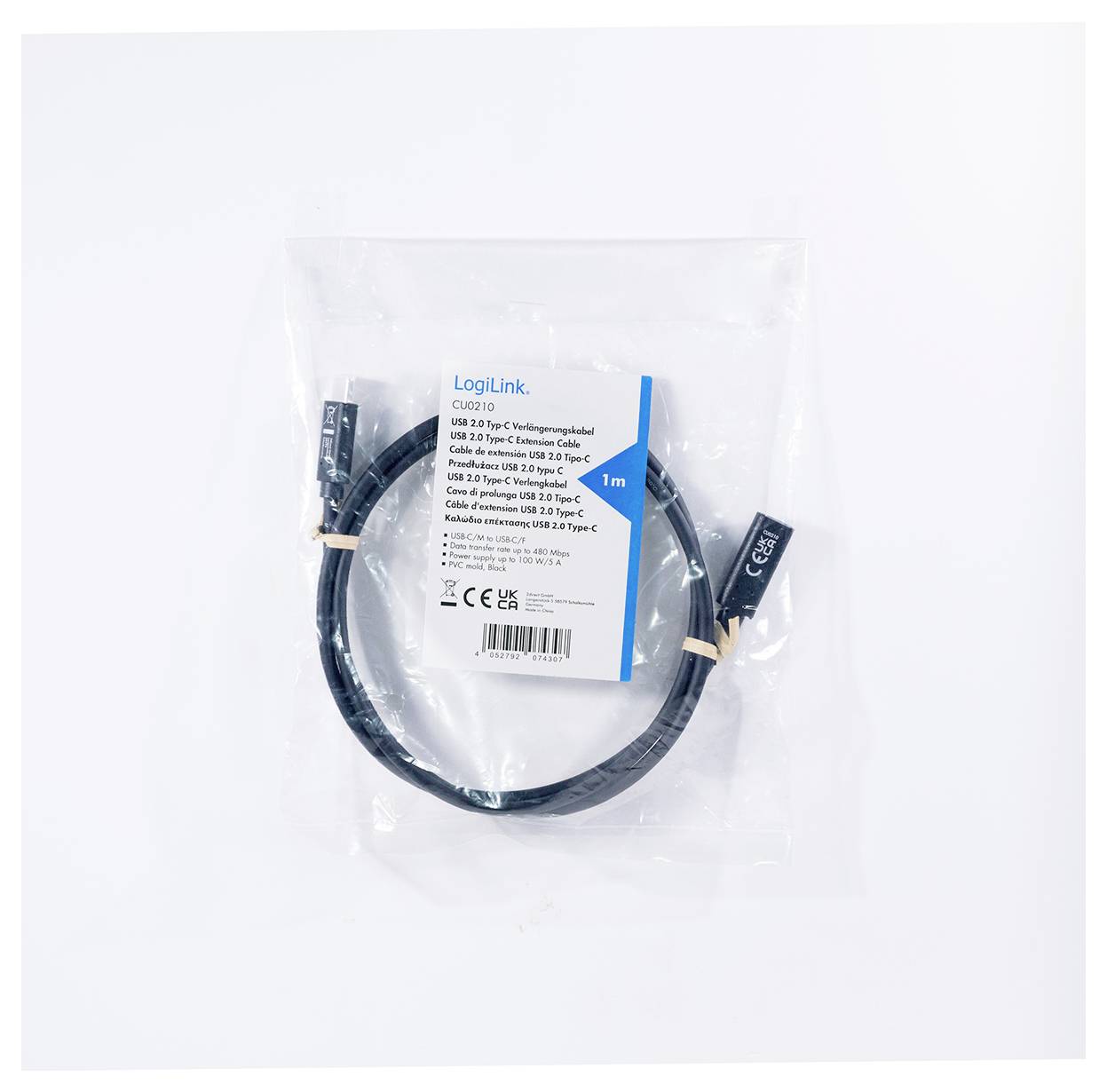Ett USB 3.2 Gen 1 Typ C till C-kabel från LogiLink, 1 meter långt i originalförpackning.