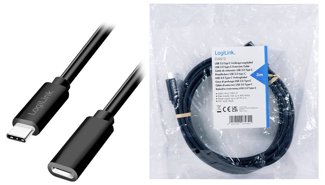 Två LogiLink USB Typ-C-kablar, en lös, en i en förpackning med klistermärke. Förpackning med produktdetaljer och längd '3m'.