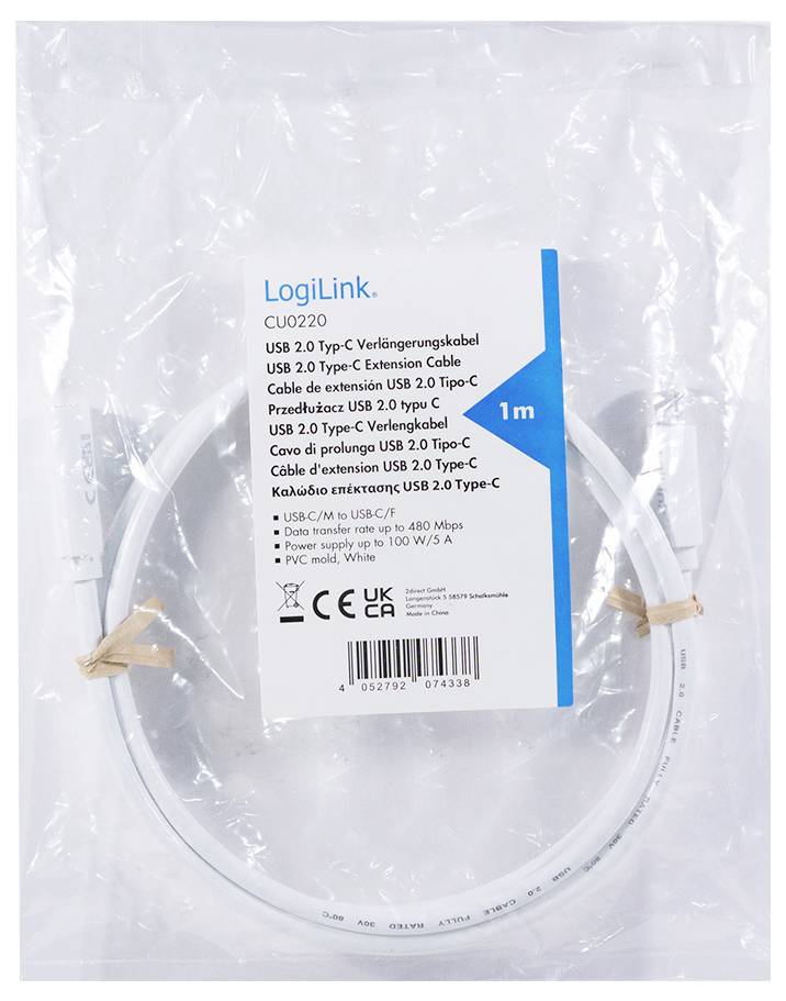 Förpackning för en 1 meter lång USB 2.0 Typ-C förlängningskabel från LogiLink, avsedd för 480 Mbit/s.