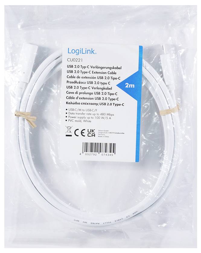 'LogiLink 2m USB 2.0 Typ-C förlängningskabel i transparent förpackning med blå märkning och tekniska specifikationer.'
