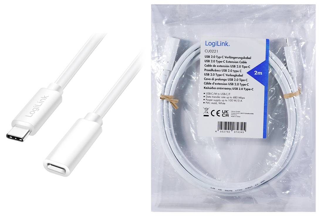 Ett USB-kabel från LogiLink i förpackningen bredvid en anslutningskontakt. Etikett på förpackningen visar specifikationer och längd (2m).