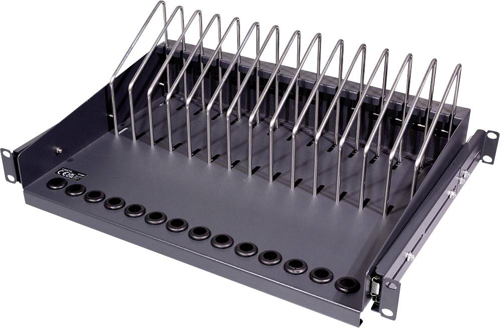 Metallställning för kabelhantering med flera vertikala fästen och genomföringsöppningar, lämplig för serverrack.