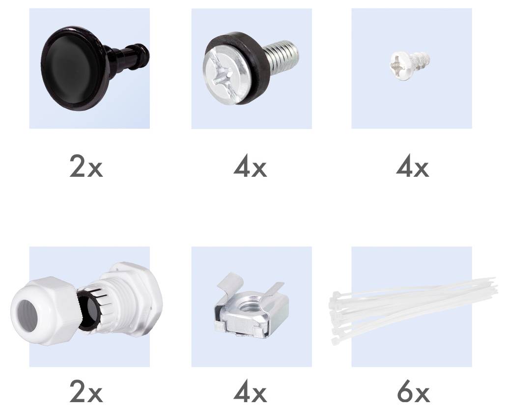 Set med olika monteringskomponenter: 2 svarta knappar, 4 skruvar med brickor, 4 vita pluggar, 2 kabelförskruvningar, 4 metallklämmor, 6 kabelbindare.