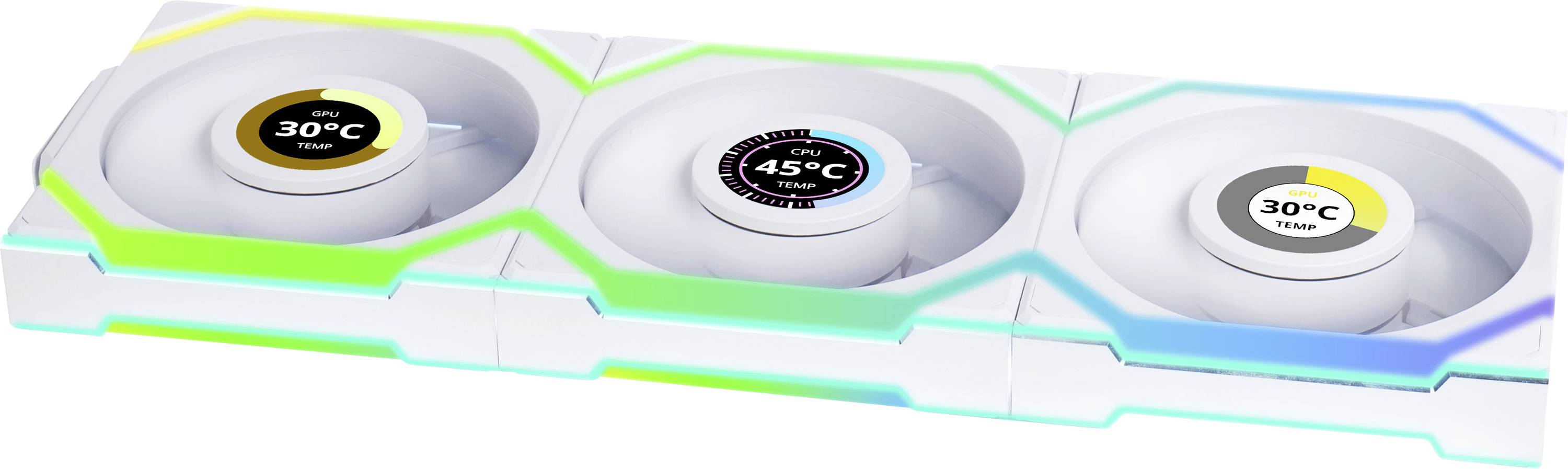 Tre PC-fläktar bredvid varandra med RGB-belysning som visar olika temperaturer: 30°C till vänster, 45°C i mitten, 30°C till höger.
