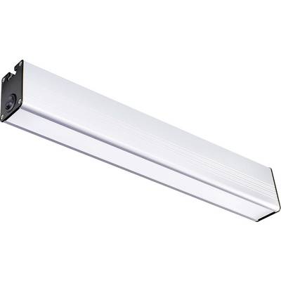 Ett rektangulärt, långt LED-ljusarmaturer av metall med avrundade kanter och svart avslutning, avsett för takmontering.