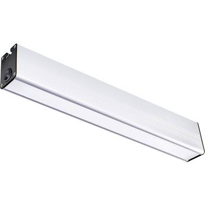 En LED-ljuslist i rektangulär form, tillverkad av silverfärgad metall med svarta ändar, avsedd för användning i industriella eller kommersiella lokaler.