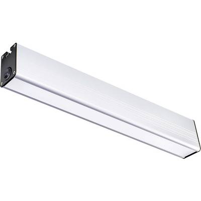 En rektangulär, silverfärgad LED-ljuspanel med svarta ändkåpor, diagonal vinkel. Idealisk för belysning i kontor eller verkstad.