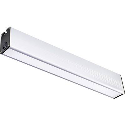 En rektangulär, silverfärgad LED-lampa med ett svart ändstycke. Den är avsedd för montering i tak eller på vägg.