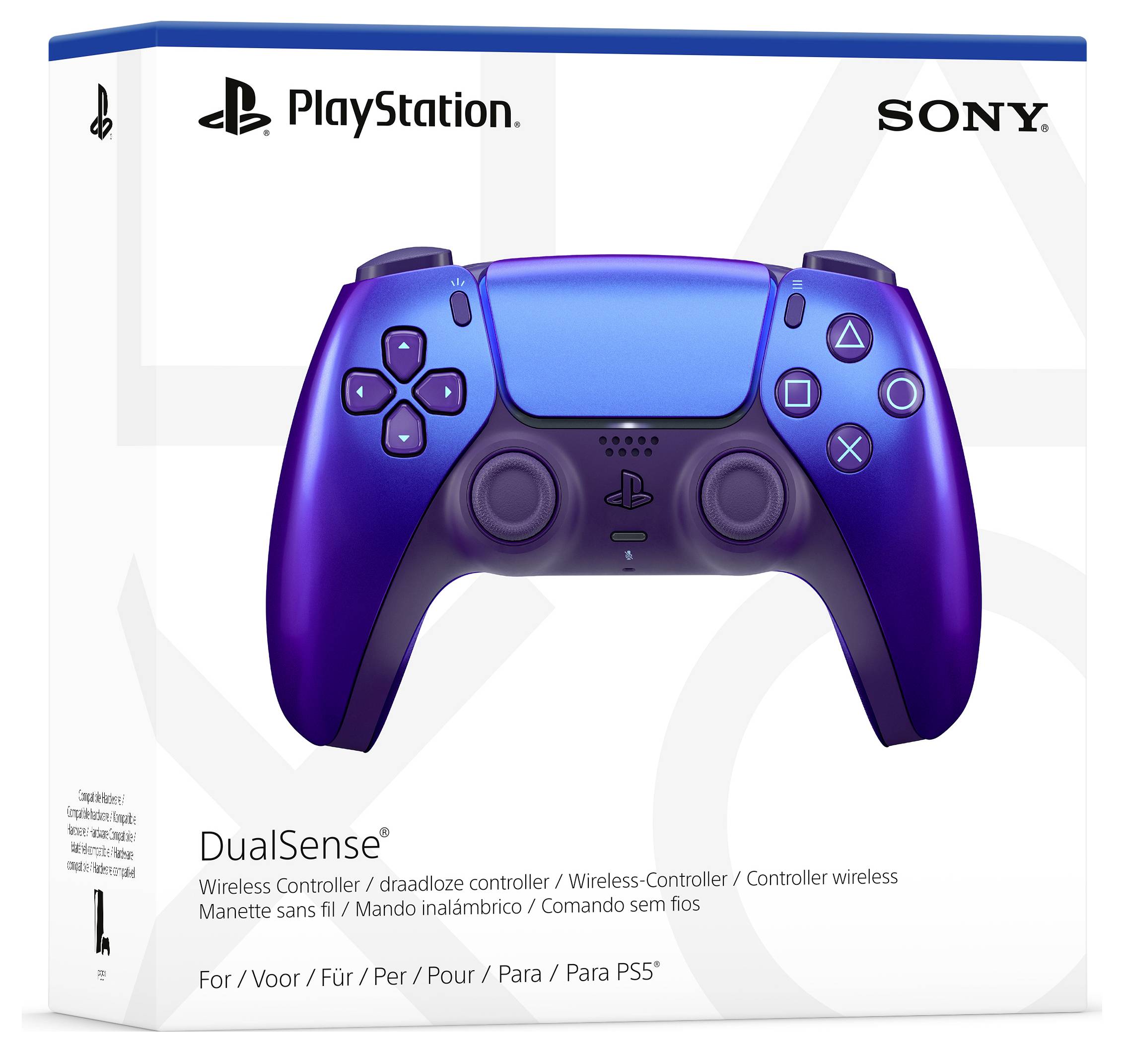 PlayStation DualSense trådlös handkontroll i blå-violett design på förpackningen för PS5, med varumärkeslogotyper från PlayStation och Sony.