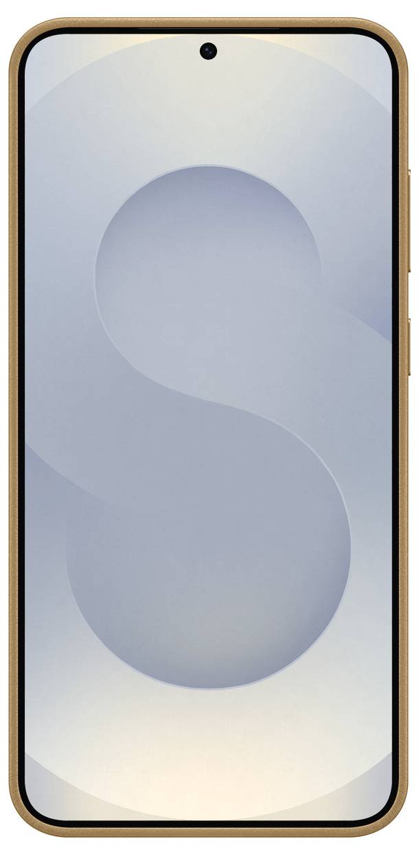 Smarttelefon sett framifrån med en skärm som visar ett stort 'S'. Enheten har en guldfärgad ram.