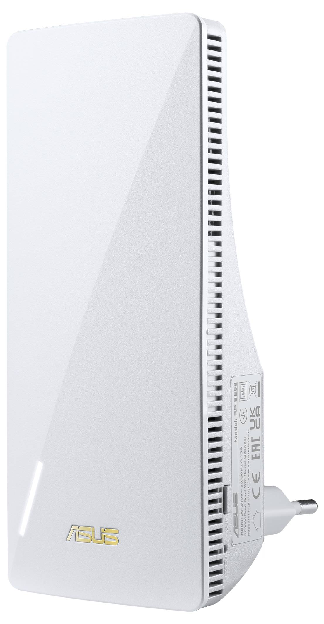 En vit ASUS WiFi-repeater med sidoventilationsöppningar och kontaktdonsfäste för att förbättra den trådlösa nätverksräckvidden.