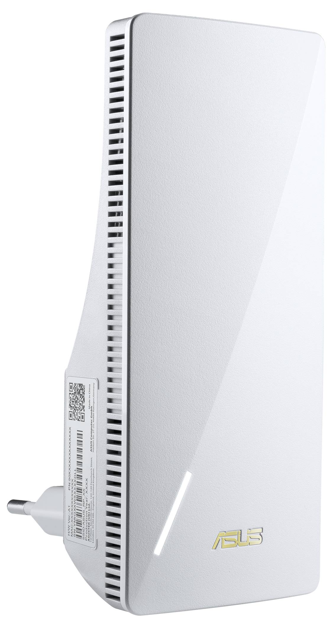 En vit WLAN-repeater från märket ASUS med sidventilationsspår och en integrerad EU-kontakt.
