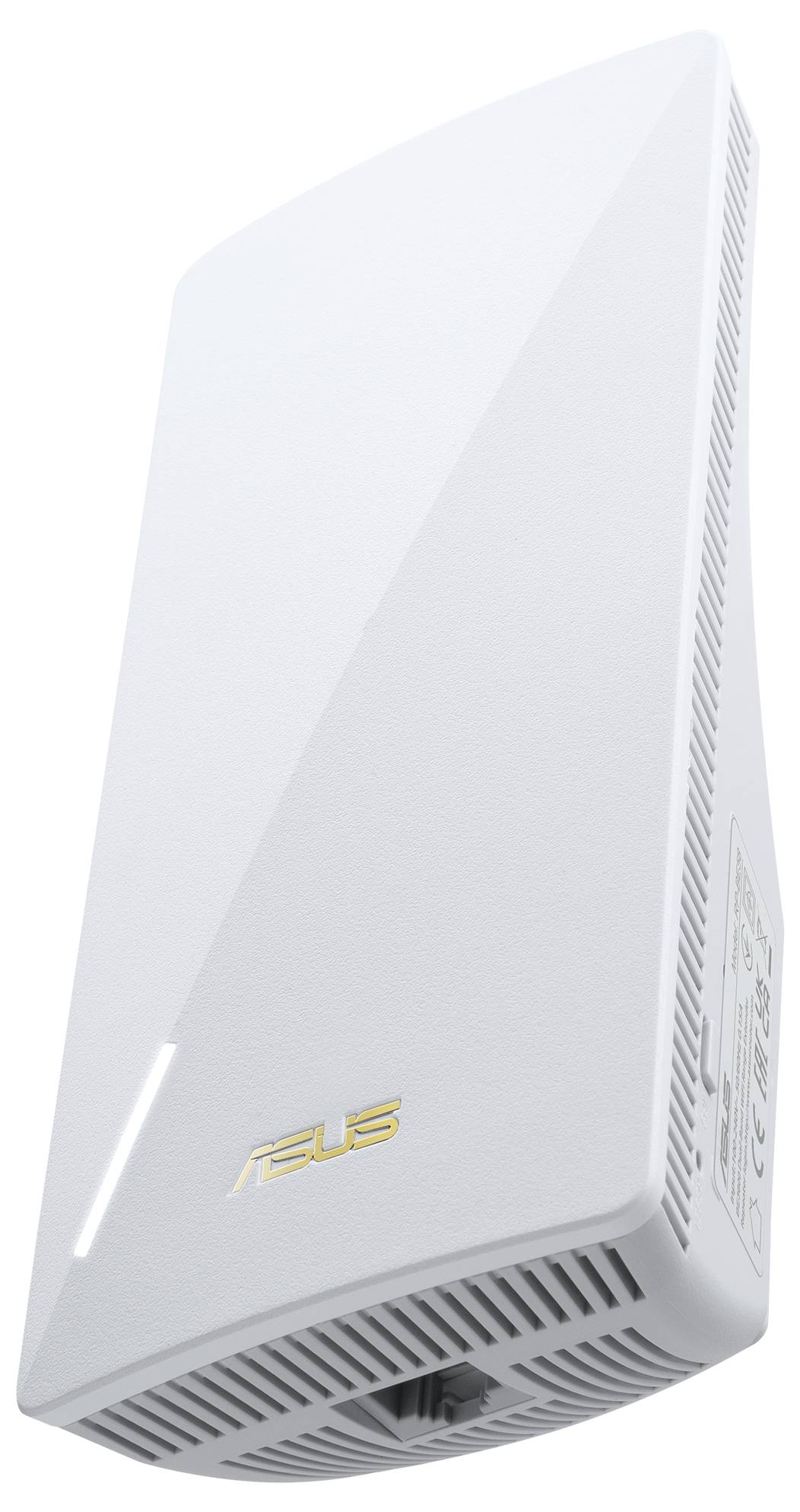 En vit WiFi-router med varumärkets logotyp på undersidan, fotograferad snett från sidan, visar ventilationsspringor.