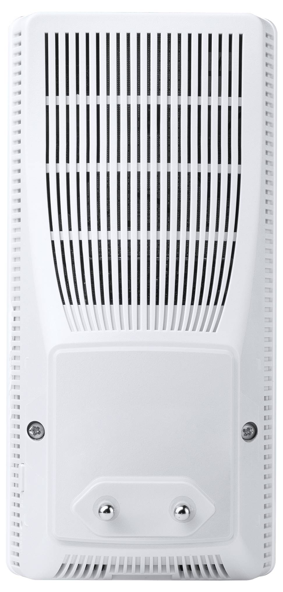 Vit rektangulär enhet med vertikala ventilationsöppningar och två fästskruvar på undersidan, monterbar på en vägg.