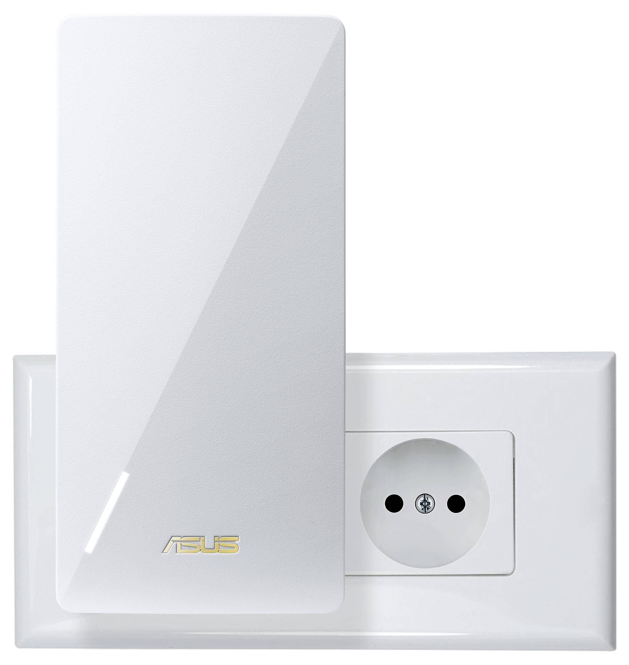En ASUS WLAN-accesspunkt, monterad vid ett eluttag, uppvisar en modern, minimalistisk design.