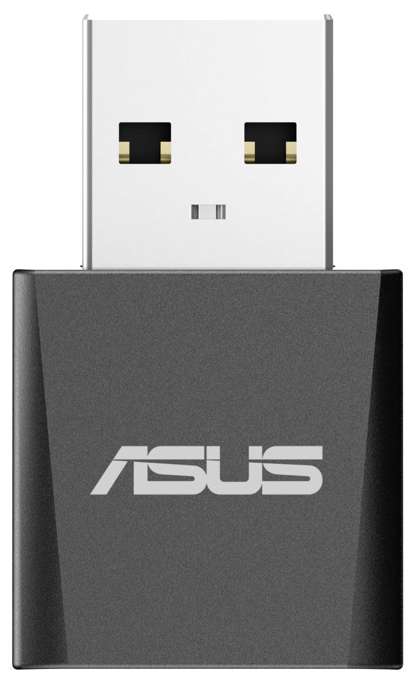 En svart USB-adapter med 'ASUS'-logotyp. Adaptern har en rektangulär kropp och en standard USB-kontakt.