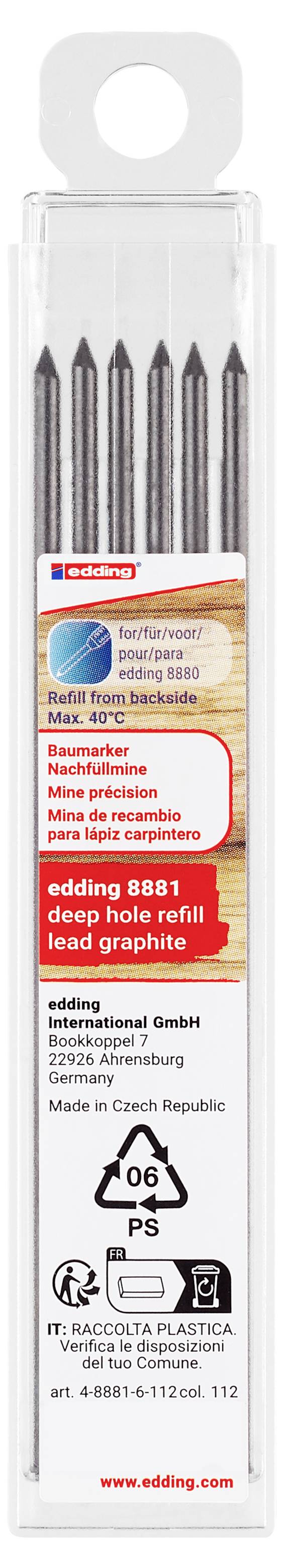 Edding ersatzplomb påfyllningspaket med sex svarta 2 mm miner i ett klart plastfodral, märkt för edding 8881 Bau- und Markier- och spetsare påfyllning.