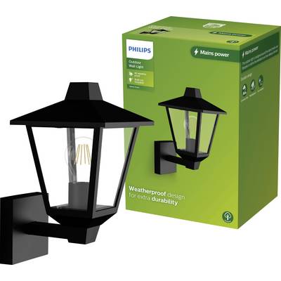 Utomhusvägglampa i svart från Philips med vädertålig design och robust konstruktion, visad i grön förpackning.