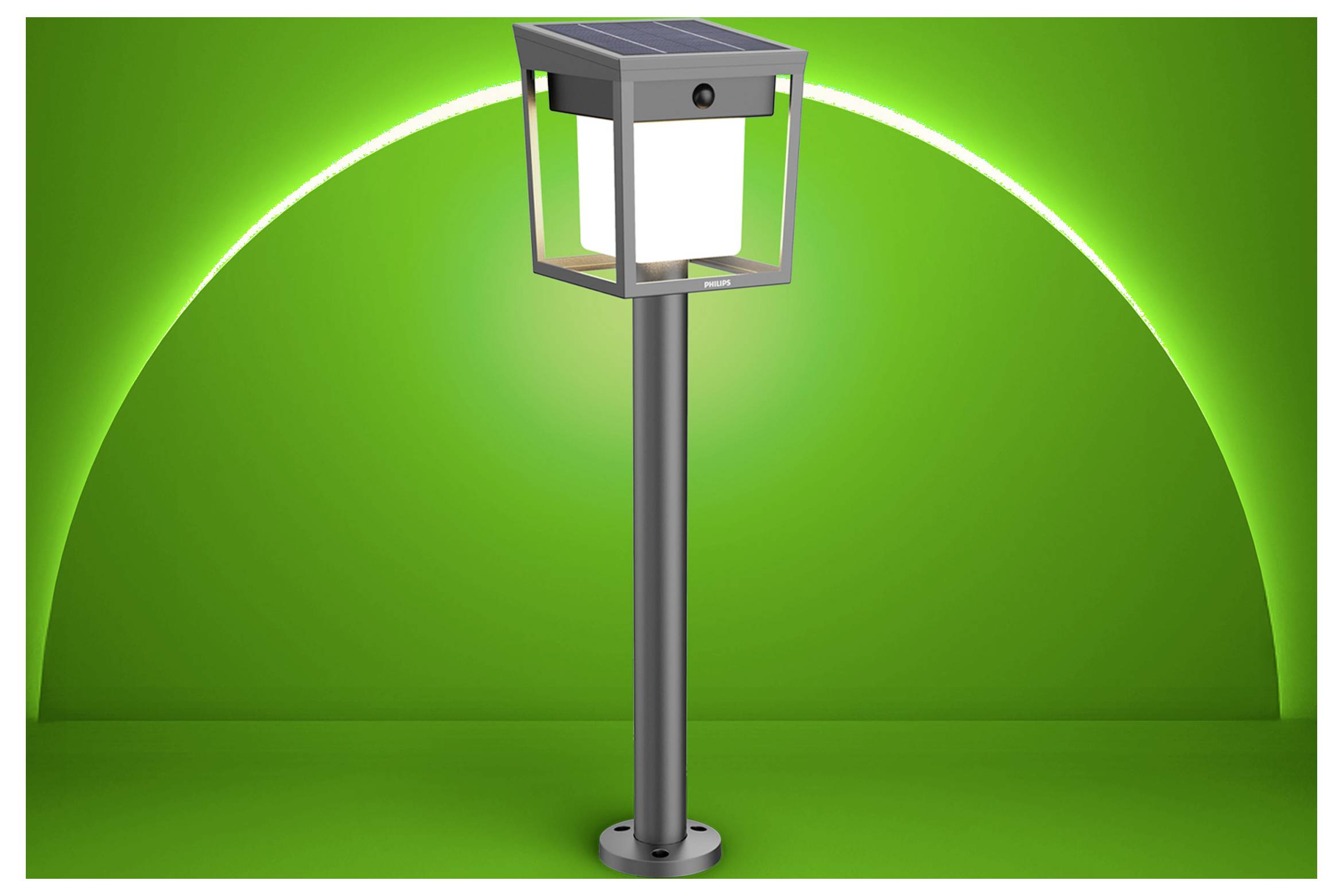 Solcellsdriven utomhuslampa med ljusgrönt bakgrund och lysande båge, visad som en produktillustration.