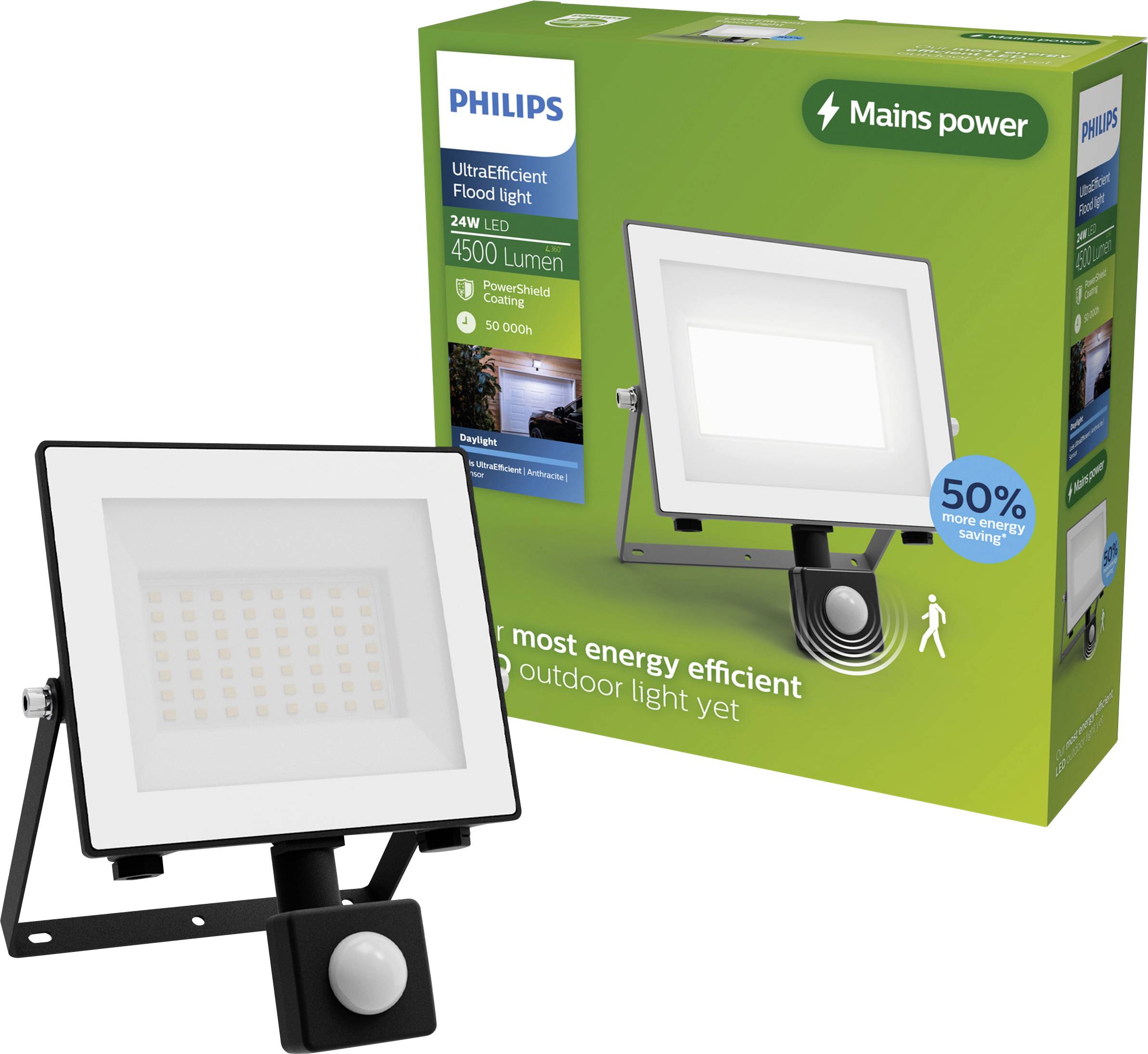Philips LED-arbetslampa med rörelsesensor visad bredvid sin gröna produktlåda, märkt 24W, 4500 lumen och "Nätströmskälla".