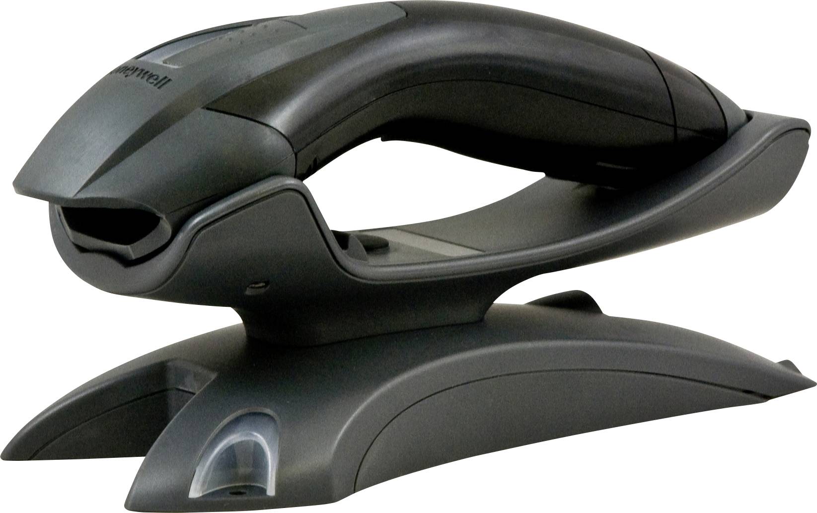 En svart, ergonomiskt formad handhållen scanner på en laddningsstation. Perfekt för snabb skanning i butiker eller lagerhallar.