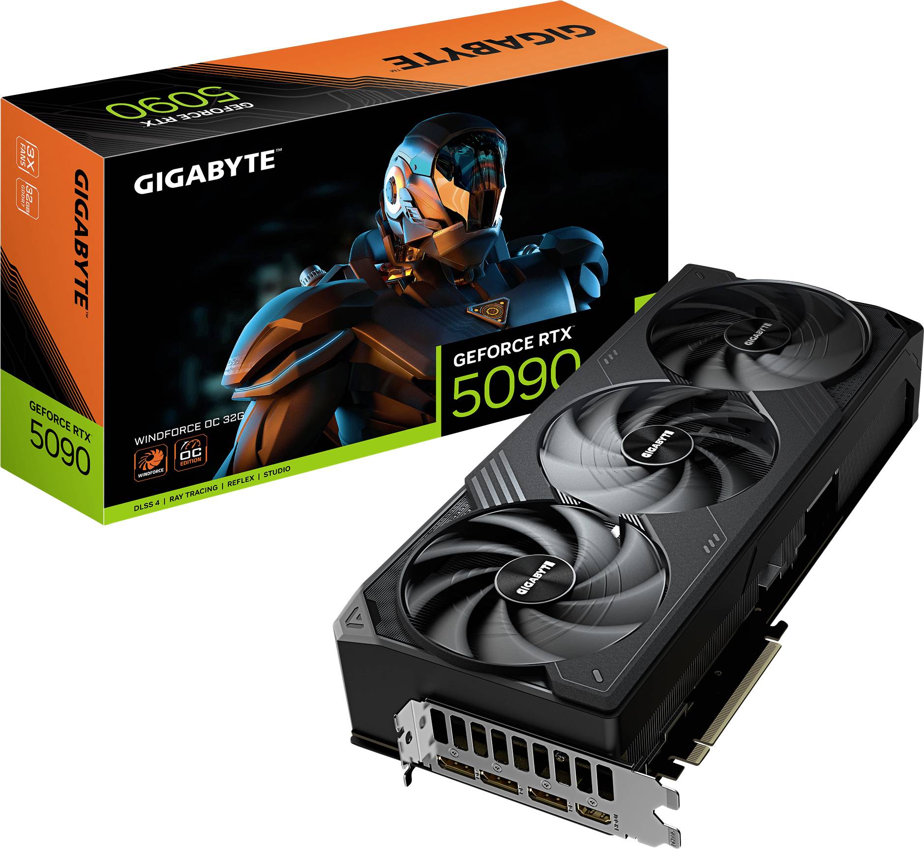 GIGABYTE GeForce RTX 5090 grafikkort före förpackningen, som visar en futuristisk robotdesign. Högra sidan visar kylningsfläktar.