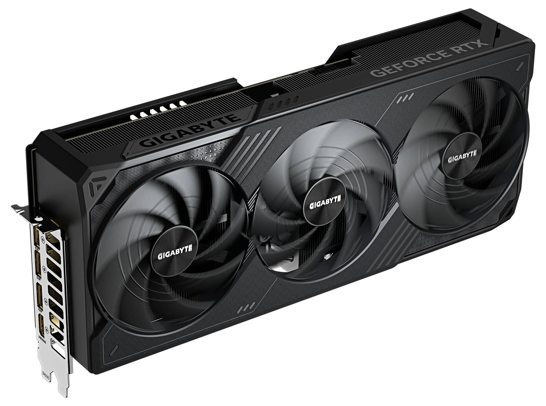 Grafikkort från Gigabyte GeForce RTX med tre fläktar, svart hölje och flera anslutningar på vänster sida.