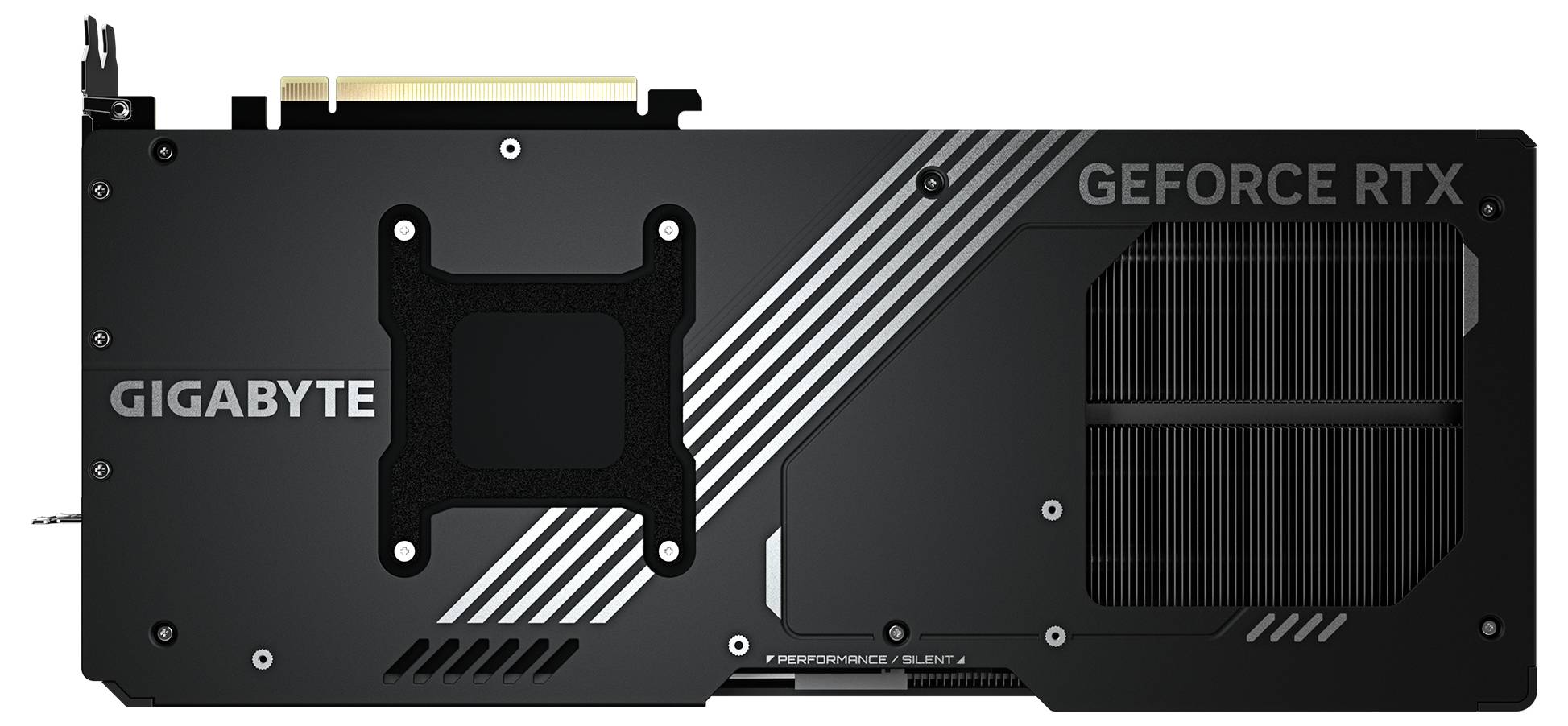 'GeForce RTX' grafikkort från Gigabyte, svart baksida med silvriga ränder, ventilationsöppning till höger, varumärkeslogga till vänster.