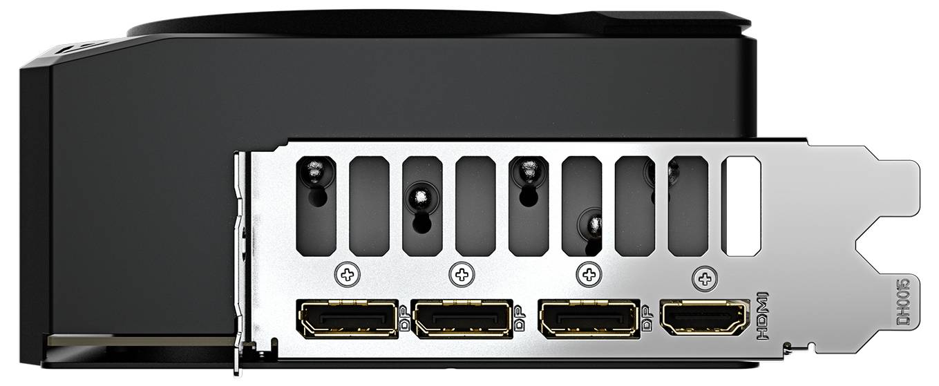 Ett grafikkort med flera anslutningsalternativ, inklusive tre DisplayPorts och en HDMI-port för att ansluta bildskärmar.