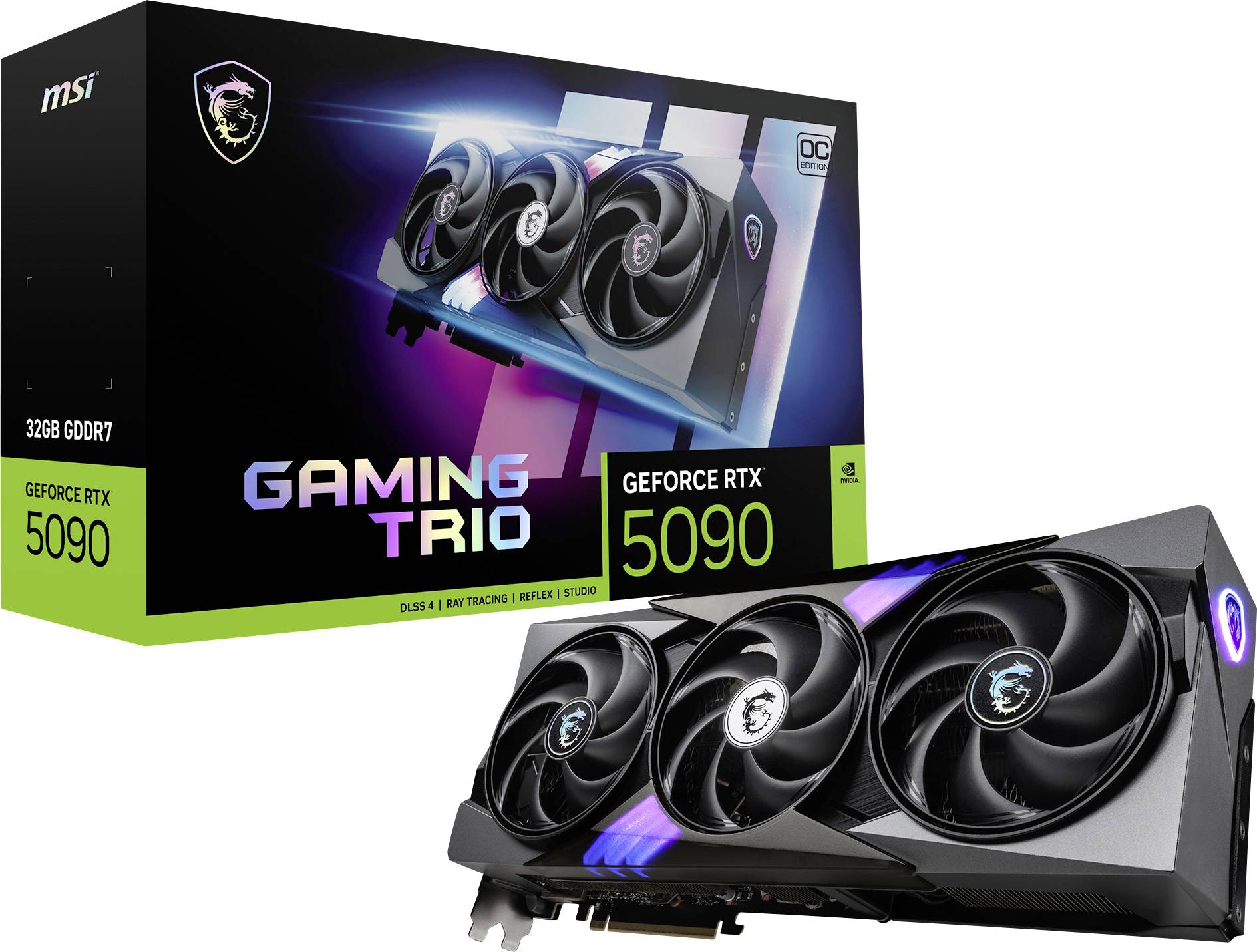 En MSI GeForce RTX 5090 grafikkort med tre fläktar framför sin förpackning märkt 'Gaming Trio'.