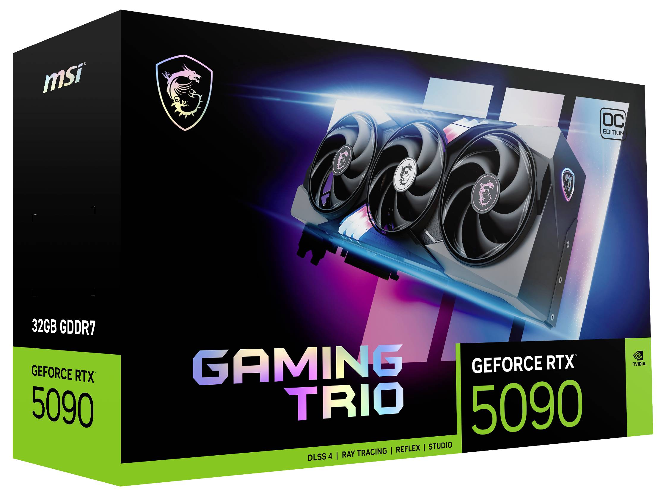Förpackning för GeForce RTX 5090 Gaming Trio grafikkort, 32 GB GDDR7, med tre fläktar och RGB-belysning, lämplig för Ray Tracing.