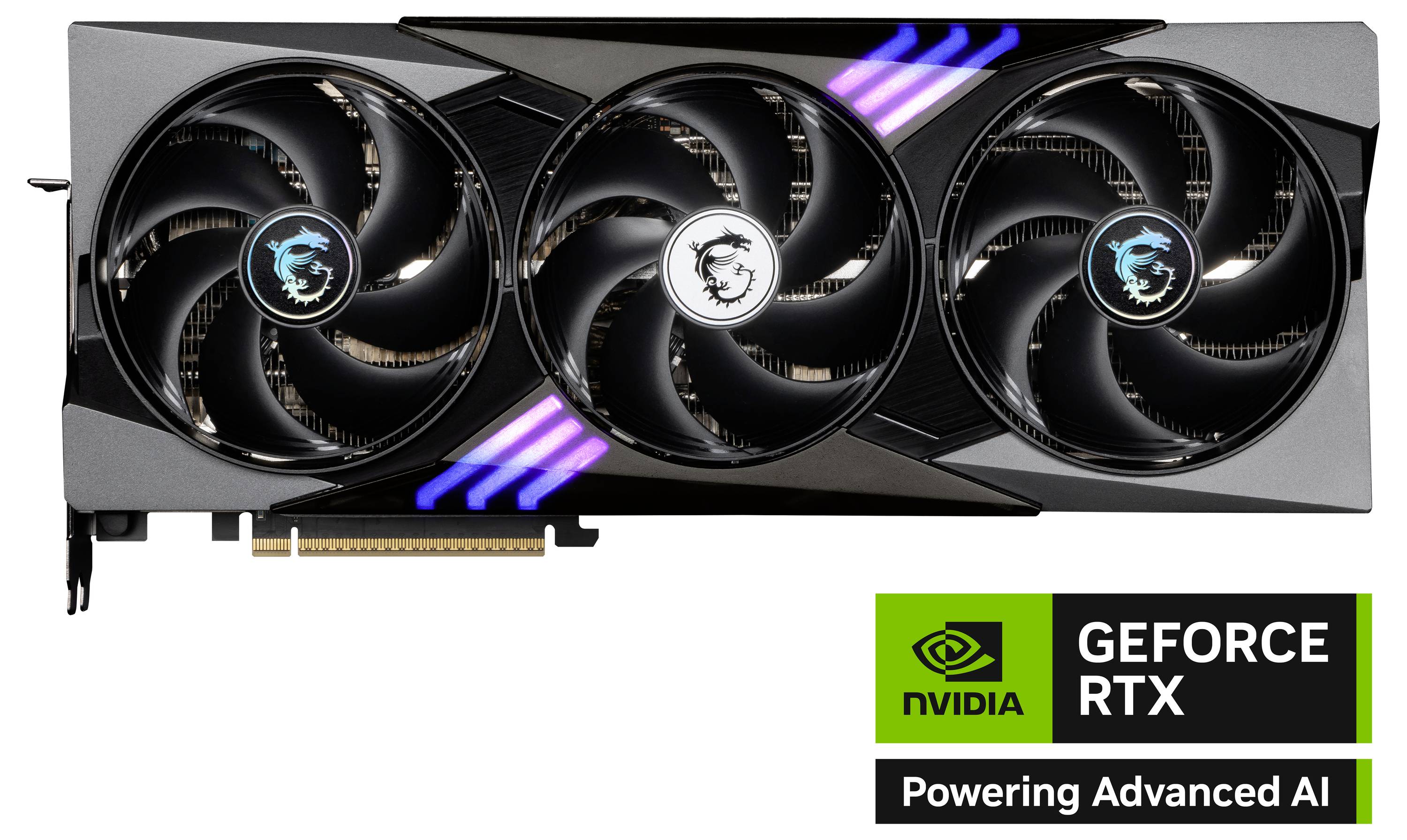 Grafikkort med tre fläktar, till höger Nvidia GeForce RTX-logotypen och texten 'Drivande avancerad AI'.