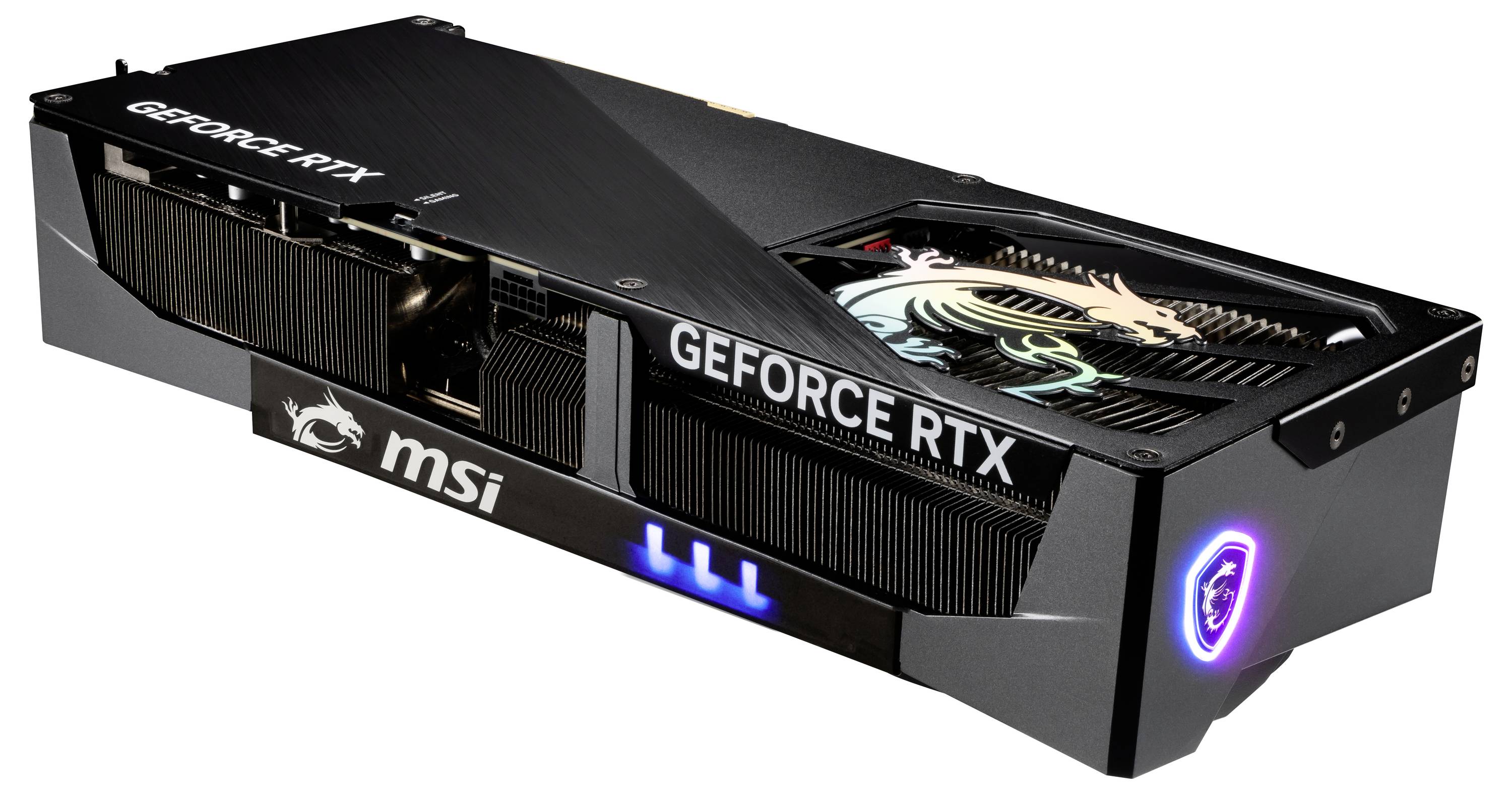 MSI GeForce RTX grafikkort, stort och svart, med ett iögonfallande draklogotyp och belysning på sidan.