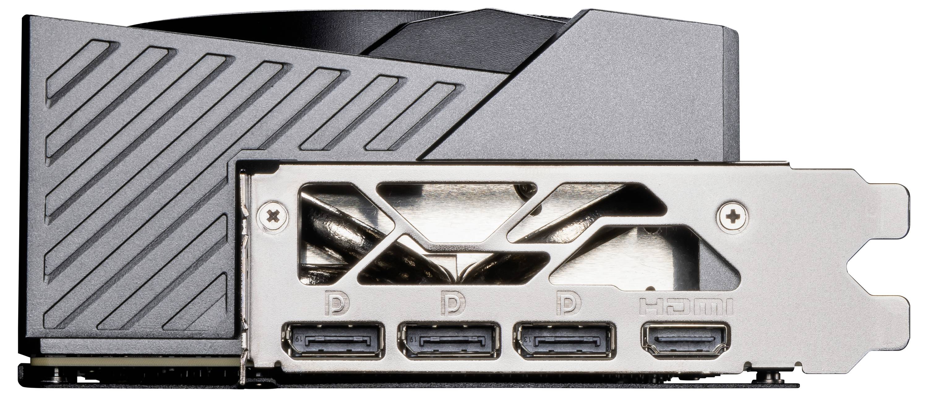 Grafikkort med fyra anslutningar: tre DisplayPorts och en HDMI-port, med modernt, svart höljdesign.