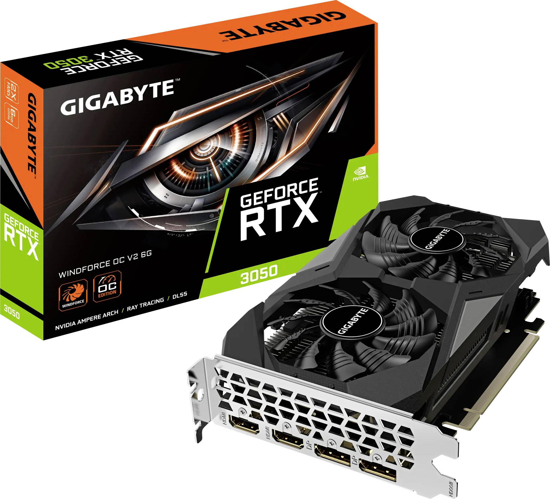 'GIGABYTE GeForce RTX 3050 Windforce OC V2 6G': Grafikkort med två fläktar, HDMI- och DisplayPort-anslutningar, förpackning i bakgrunden.