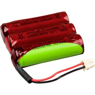 Röd NiMH-batteripack med tre sammankopplade AA-batterier, kapacitet 1500mAh, kabel och kontakt för strömförsörjning.