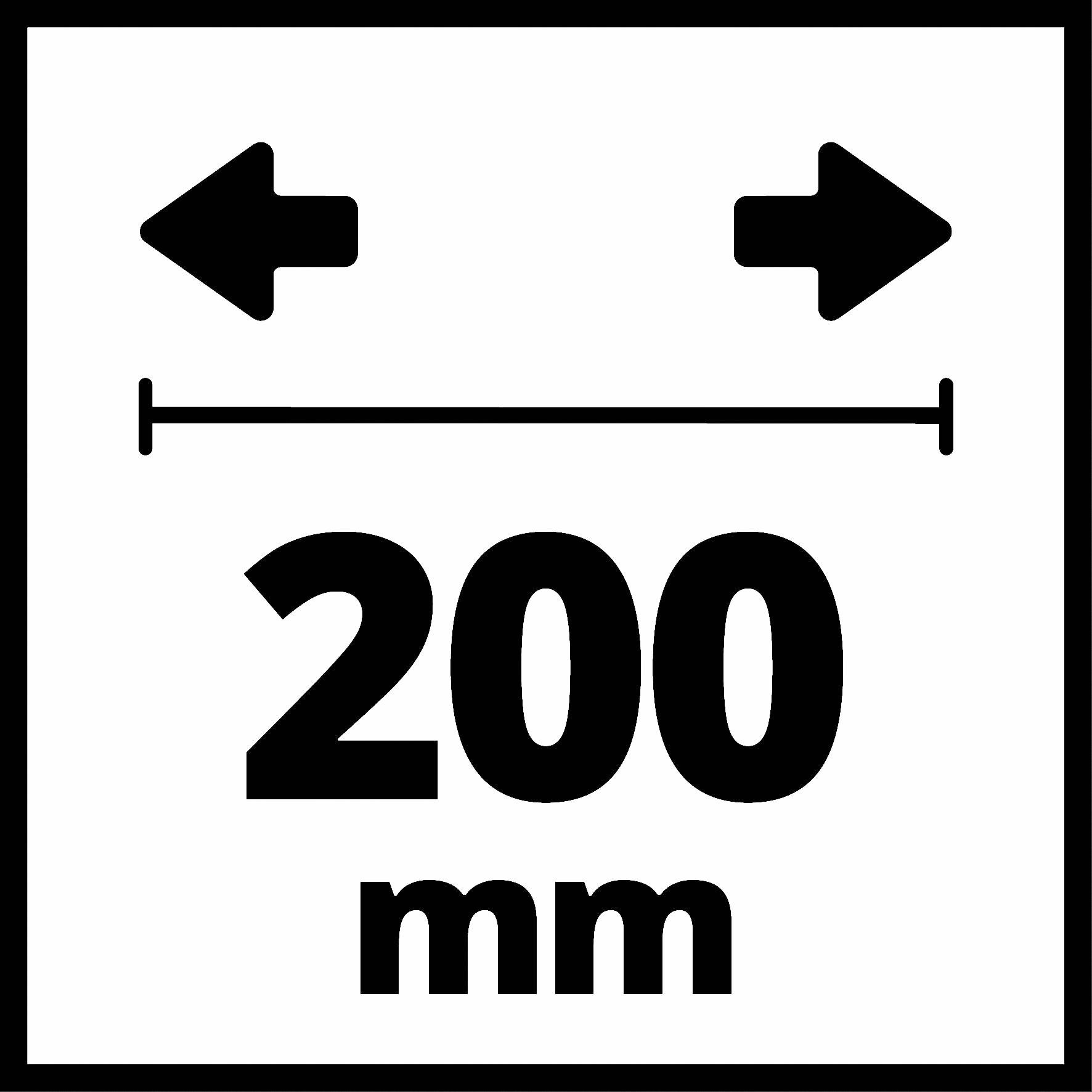 Pilar pekar i motsatta riktningar ovanför en linje. Under står '200 mm'. Indikator för längd eller bredd.