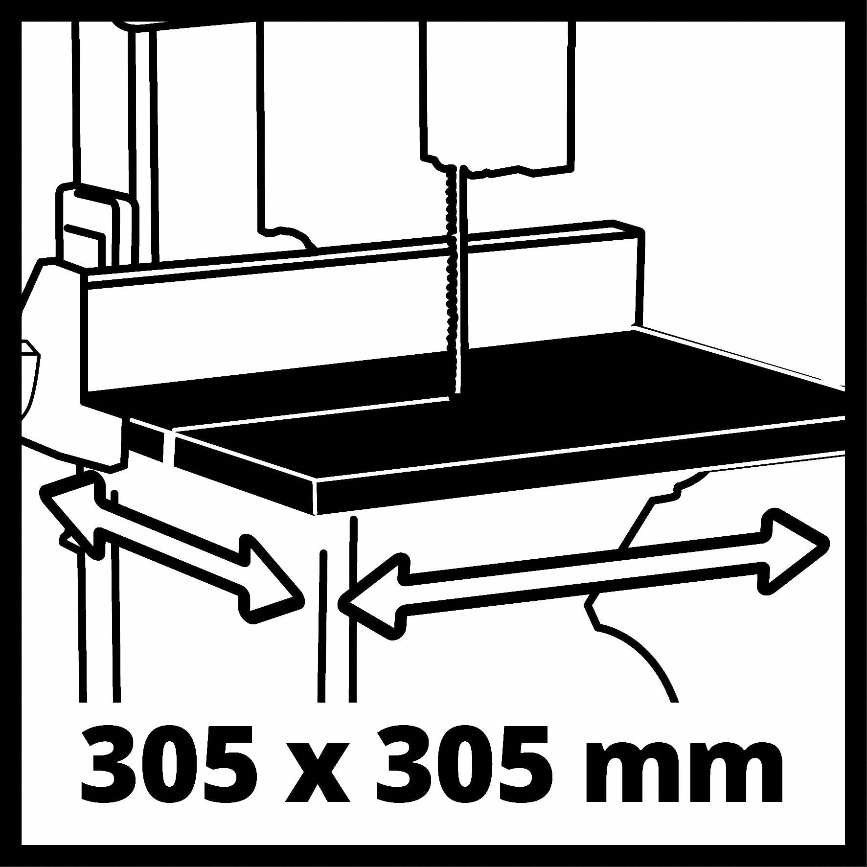 Teckning av en bandsåg med angivna dimensioner 305 x 305 mm.