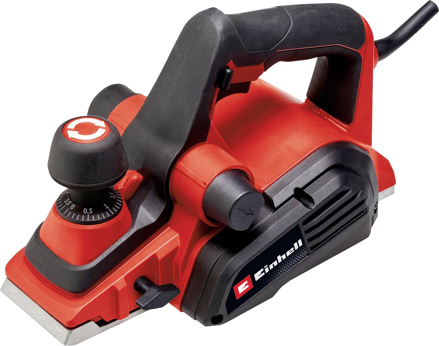 Röd-svart trädhyvel med Einhell-logotyp, justerbart hyveljup med skala, ergonomiskt handtag; elverktyg för planering av träytor.