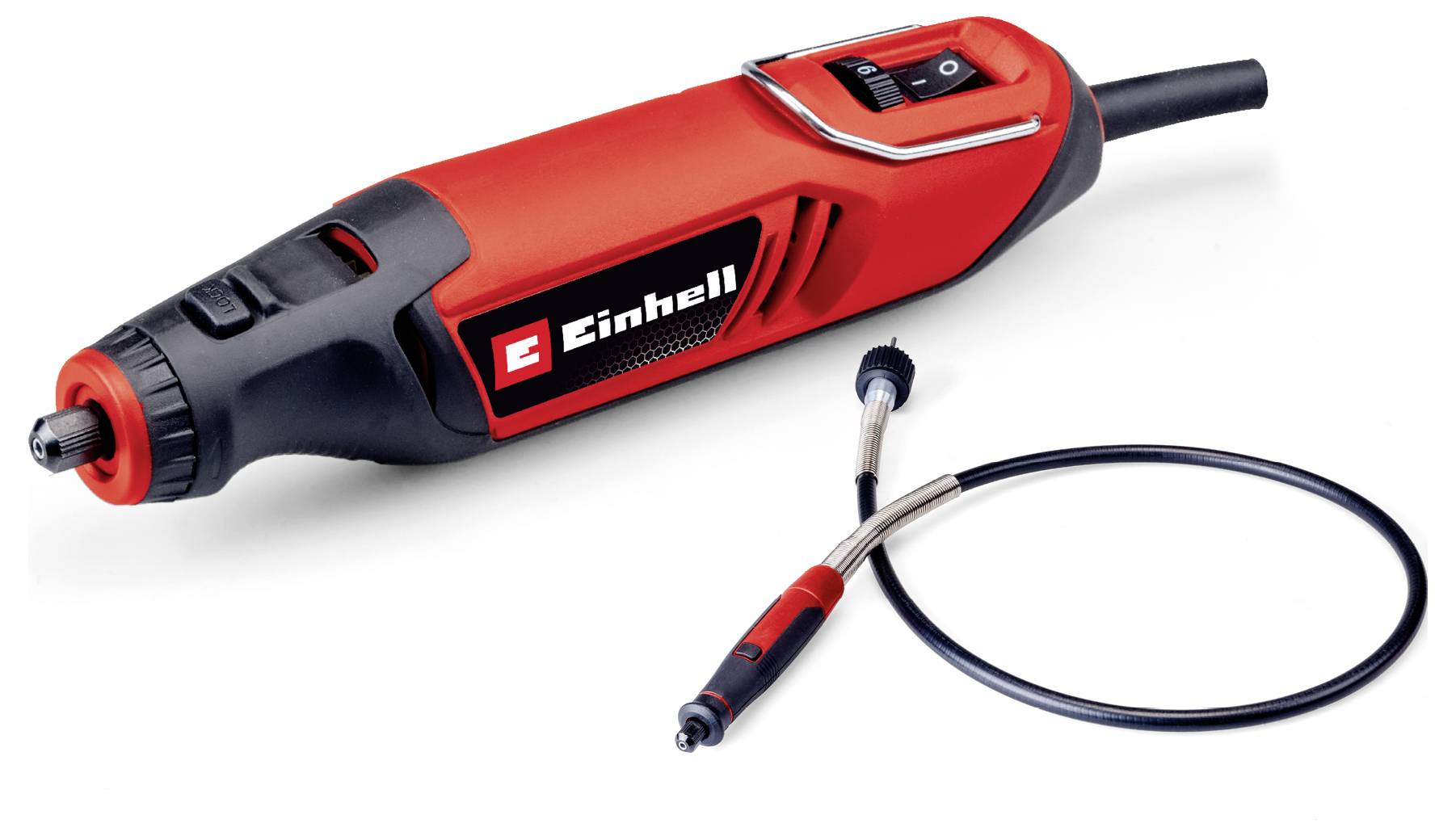 Röd och svart multiverktyg med flexibel axel från 'Einhell', lämpligt för precisionsarbeten på olika material.