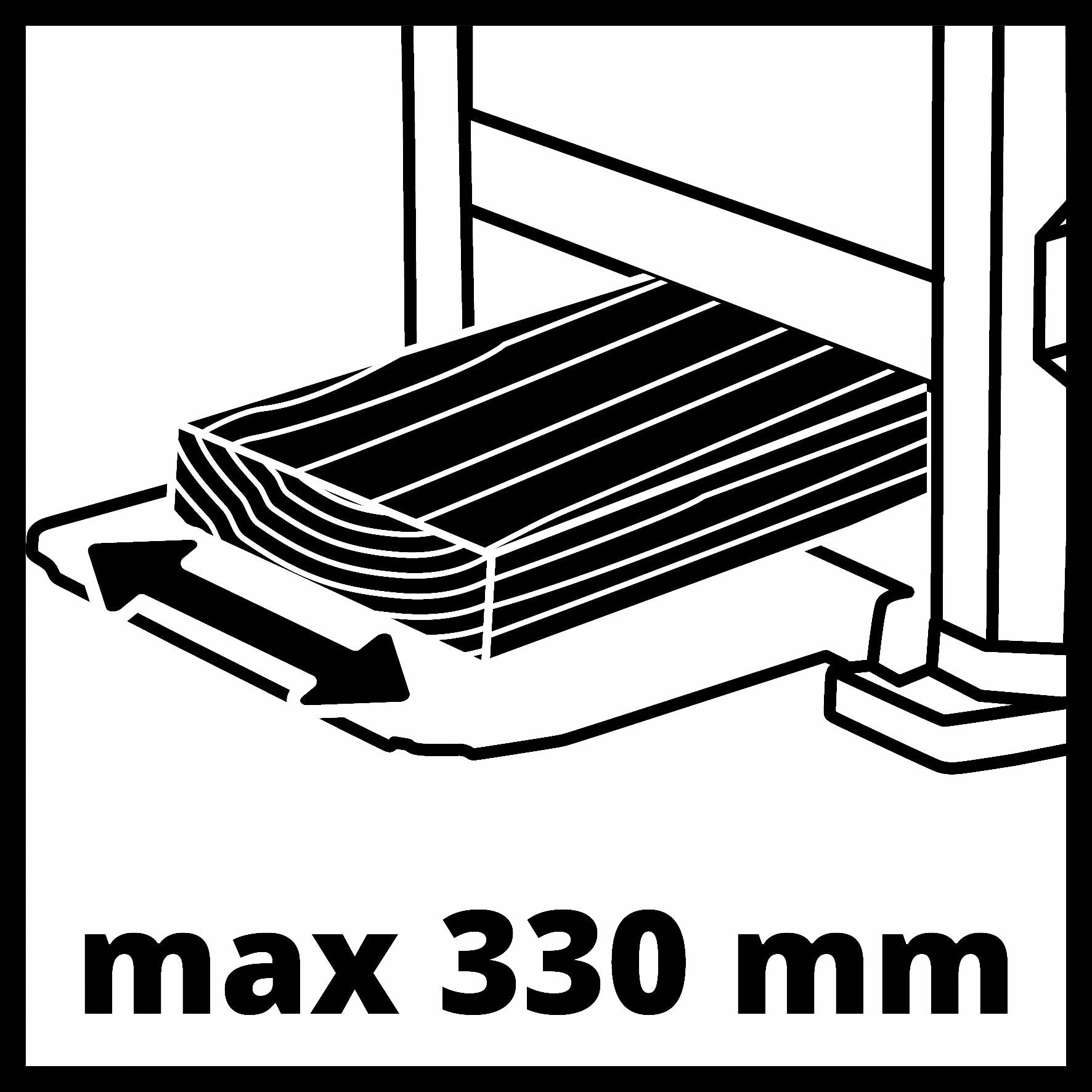 'Max 330 mm' visar en grafisk representation av en bräda med en dubbelpil som längdindikator under en klämningsanordning.