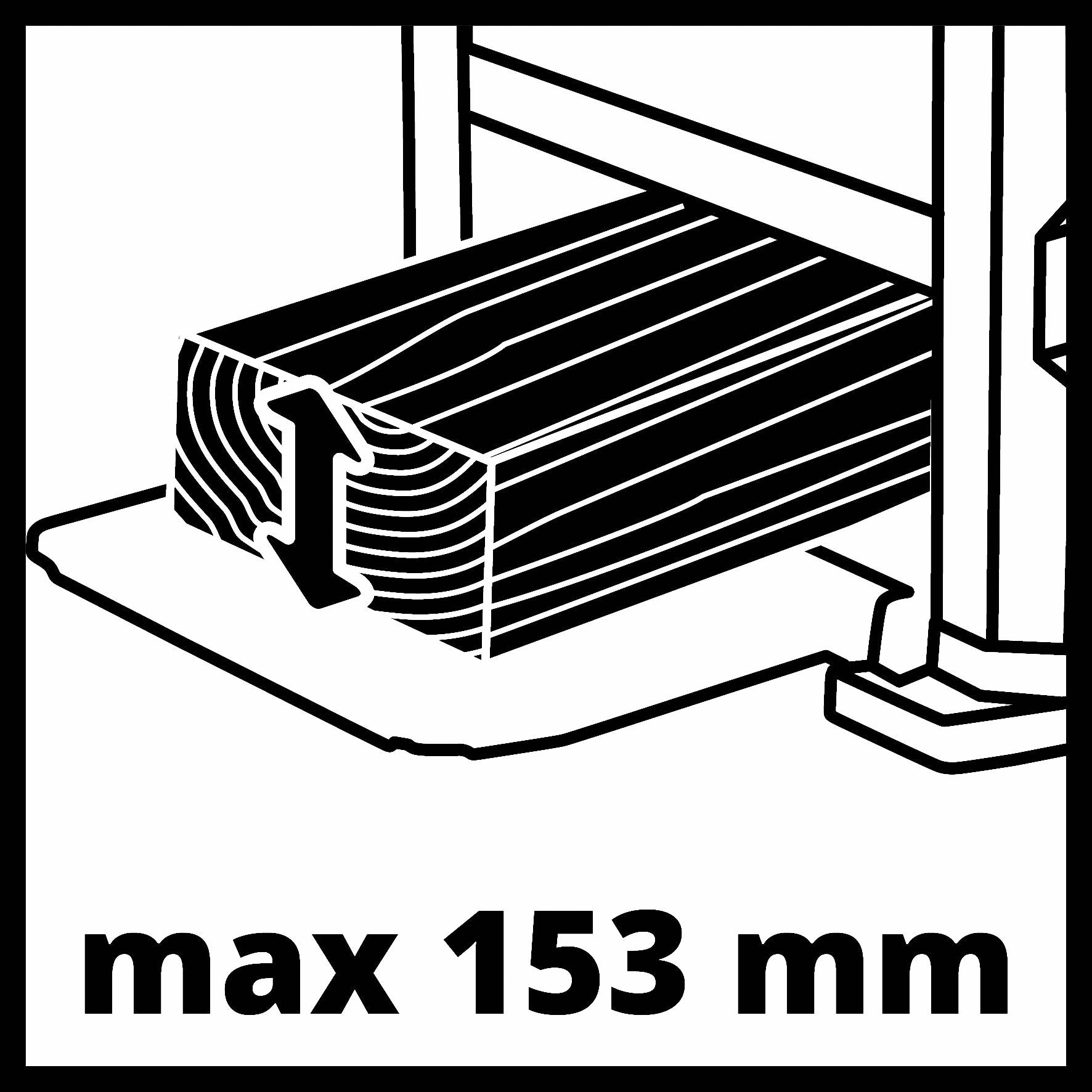 Illustration av ett trästycke i en press med en uppåtpil och texten "max 153 mm".