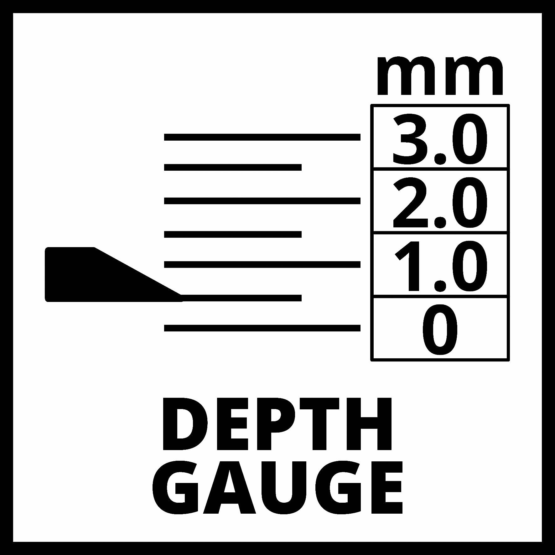 Bilden visar en djupmätare med markeringar vid 3,0 mm, 2,0 mm, 1,0 mm och 0 mm. Text nedanför: 'DJUPMÄTARE'.