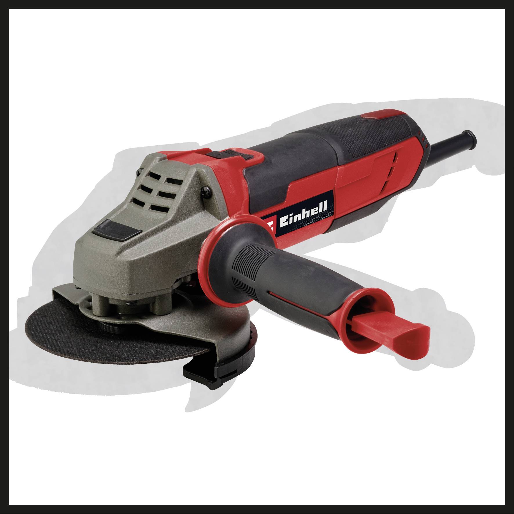 En röd och grå vinkelslip från Einhell med ergonomiskt handtag och skyddsöverdrag, lämplig för sliparbeten.
