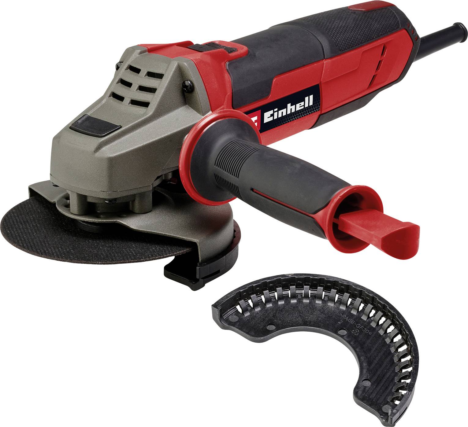 Einhell vinkelslipmaskin i rött och svart med extra skyddsöverdrag; lämplig för slip- och skärarbeten.