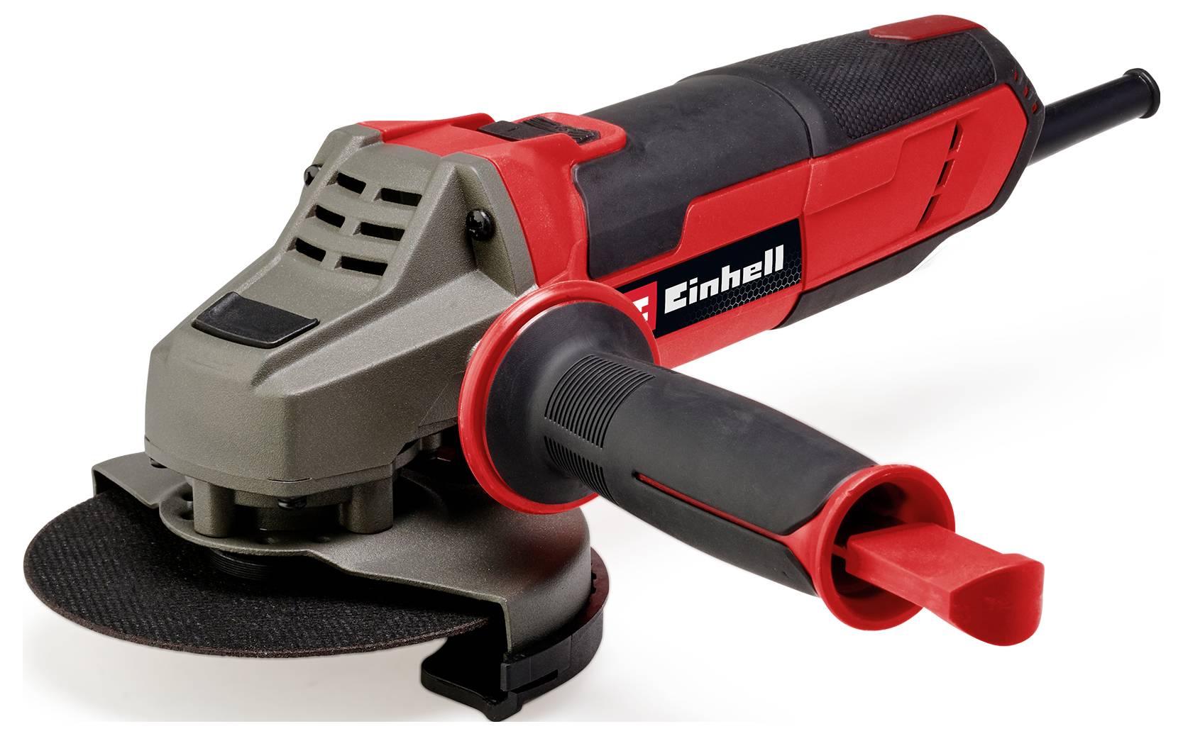 Vinkelslipmaskin med rött och svart handtag, märkt 'Einhell'. Huvudsakligen lämplig för slipning och skärning av material.