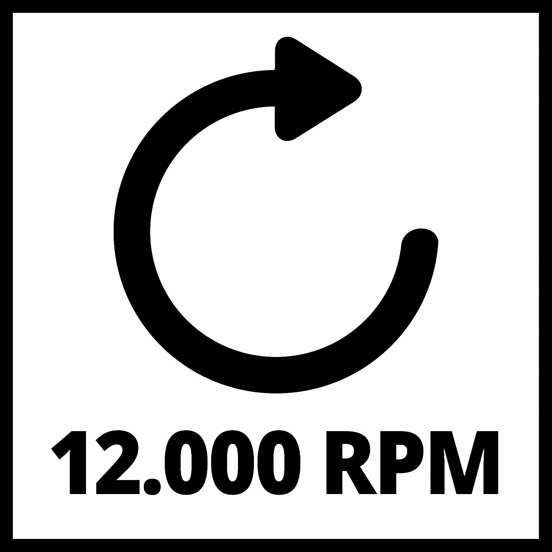 En svart cirkel-pil-symbol visar en rotation medurs ovanför beteckningen '12.000 varv/min'.
