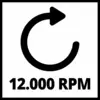 En svart cirkel-pil-symbol visar en rotation medurs ovanför beteckningen '12.000 varv/min'.