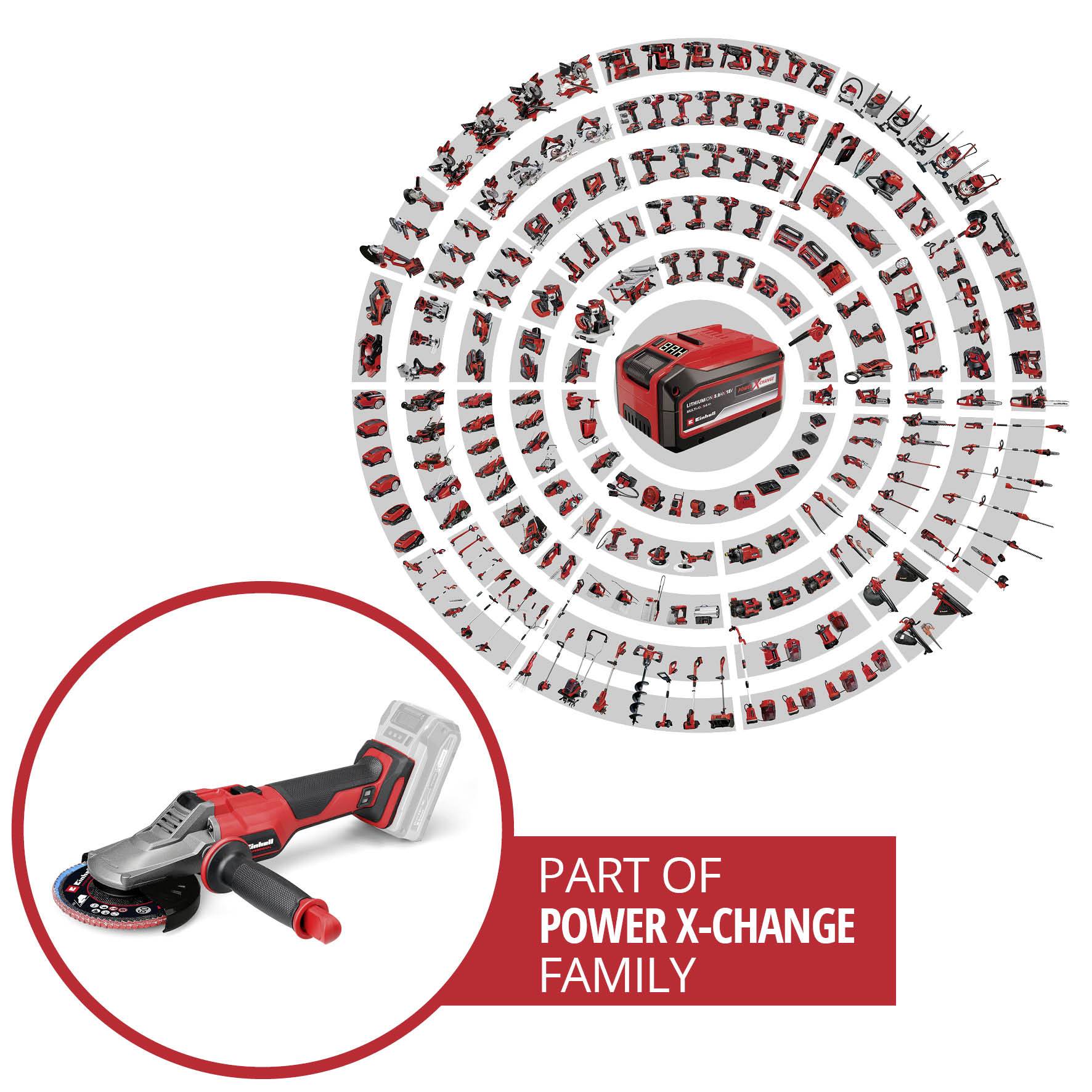 En vinkelslip i förgrunden, omgiven av ett antal verktyg i en cirkulär uppställning. Text: 'Del av Power X-Change familjen'.