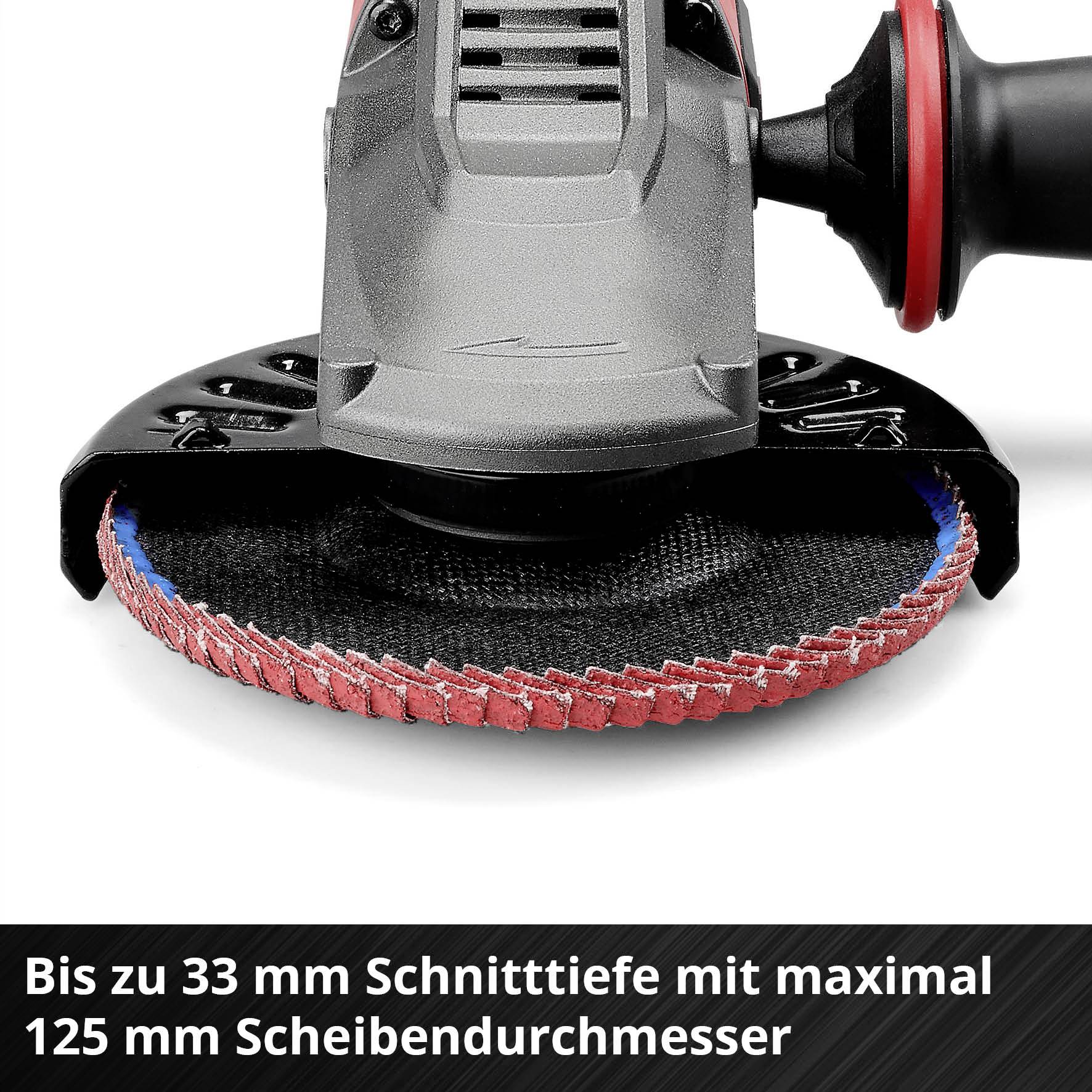 En vinkelslipmaskin med röd och svart handtag. Text nedanför: 'Upp till 33 mm skärdjup med skivor på maximalt 125 mm'.